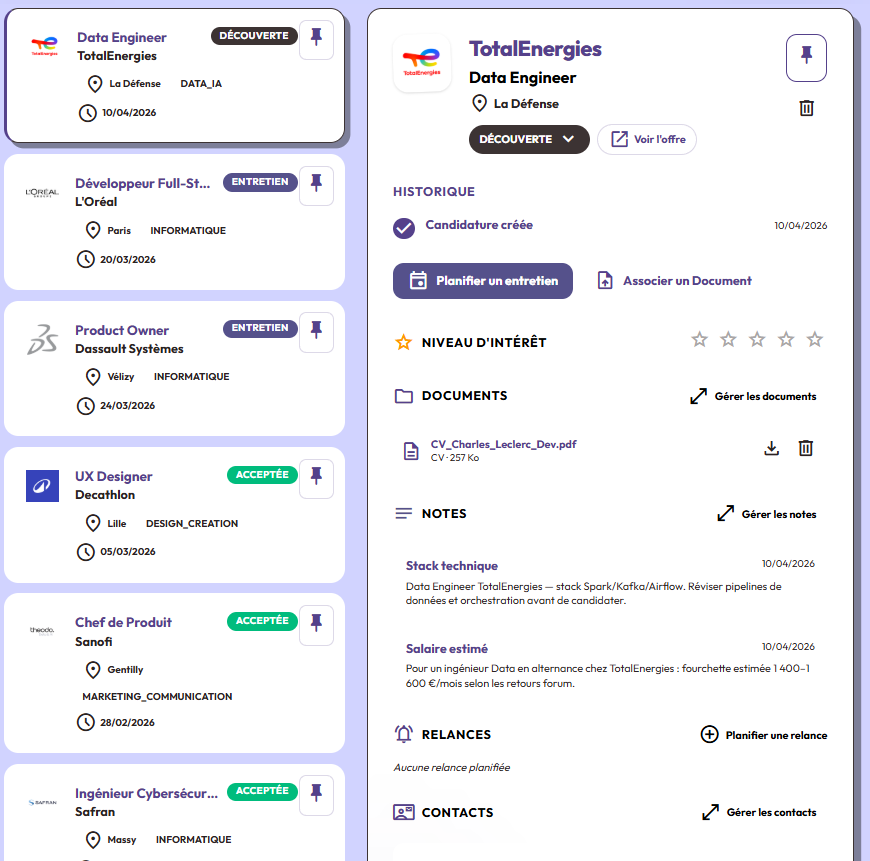Interface de suivi des candidatures Zen Z